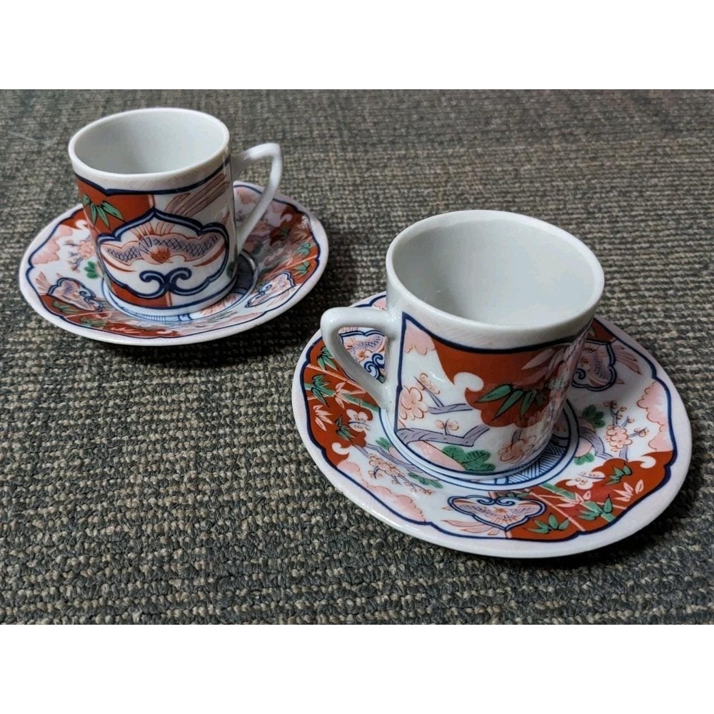 Vtg Pair Of Georges Briard Heirloom Imari Style Demitasse Cups Saucers China